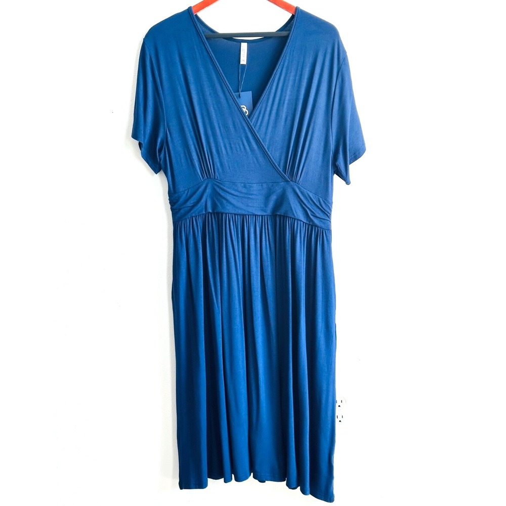 LILBETTER Women's 2XL NWT Blue V-Neck Faux‎ Wrap Short Sleeve Jersey Midi Dress